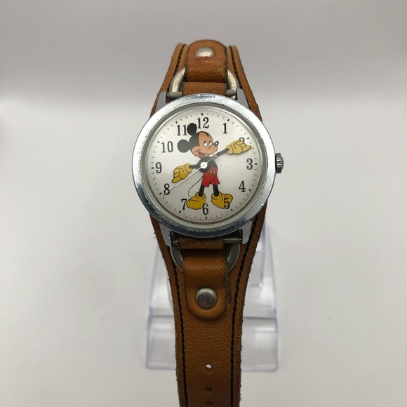 Disney Timex Vintage Mickey Mouse Unisex Watch Brown Band (Needs Battery) Works main image 6